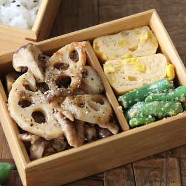 低カロリーでボリューム満点！豚こま肉とレンコンとキノコのオイスター炒め弁当