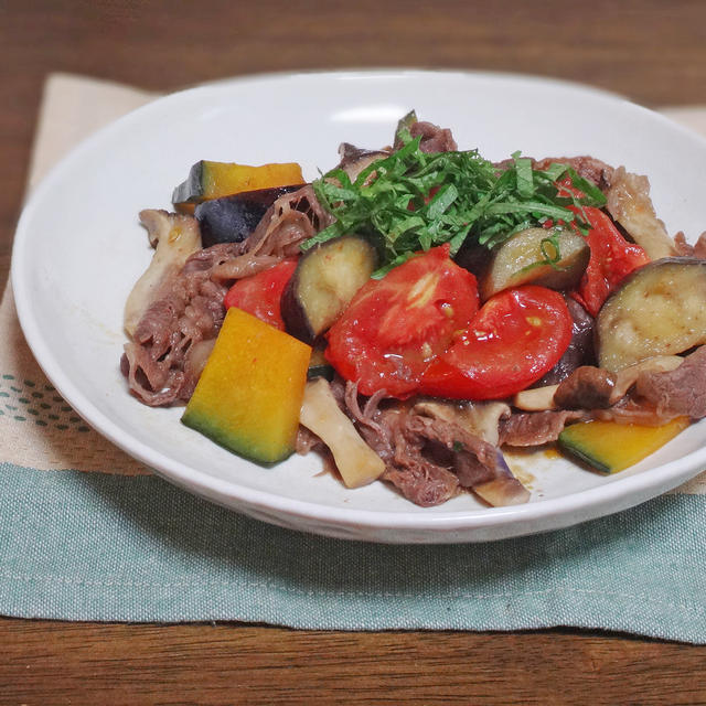 牛肉とトマト 夏野菜のこってり甘辛煮