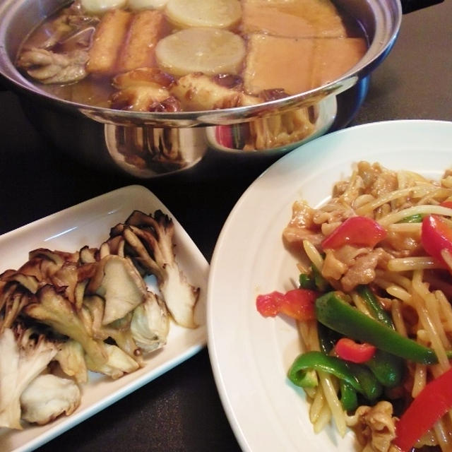 焼き舞茸ともやしとパプリカの花椒炒めなど