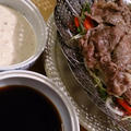 野郎飯流・野菜と牛肉の蒸し物　豆腐ごまだれとポン酢で。