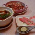 茸と豆腐のミニ鍋とサーモンお刺身