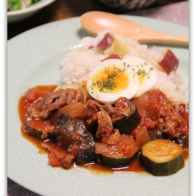 豚肉と夏野菜のトマト煮＆さつまいものバターライス