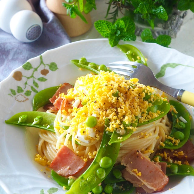 【ミモザスパゲッティ】スナップえんどうとベーコンの春パスタ
