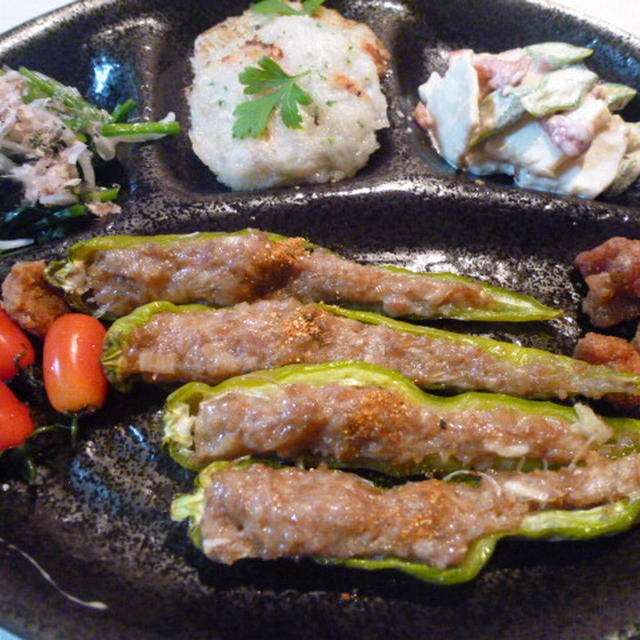 甘長唐辛子の肉詰め焼きと大根もちの献立　夕ご飯