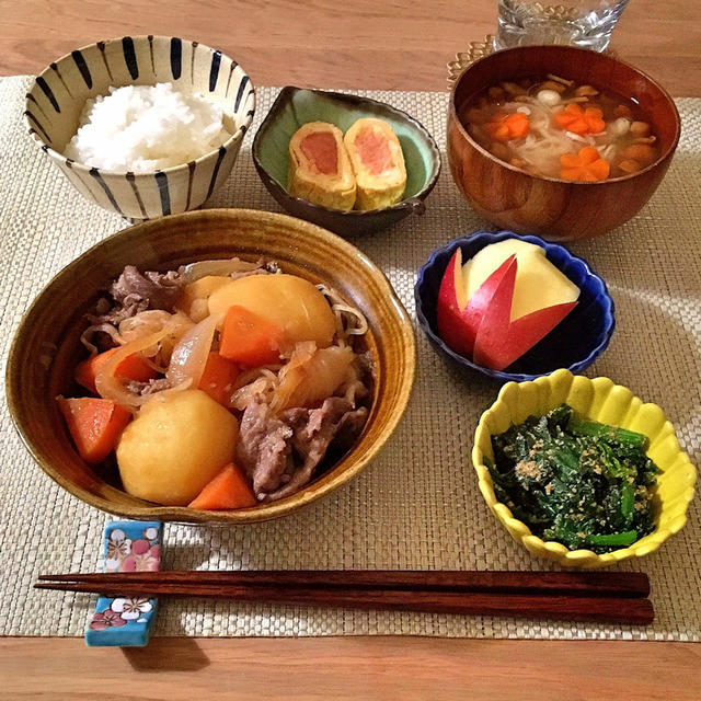 39.【40分】肉じゃが/明太子の玉子焼き/ほうれん草胡麻和え/なめこの味噌汁