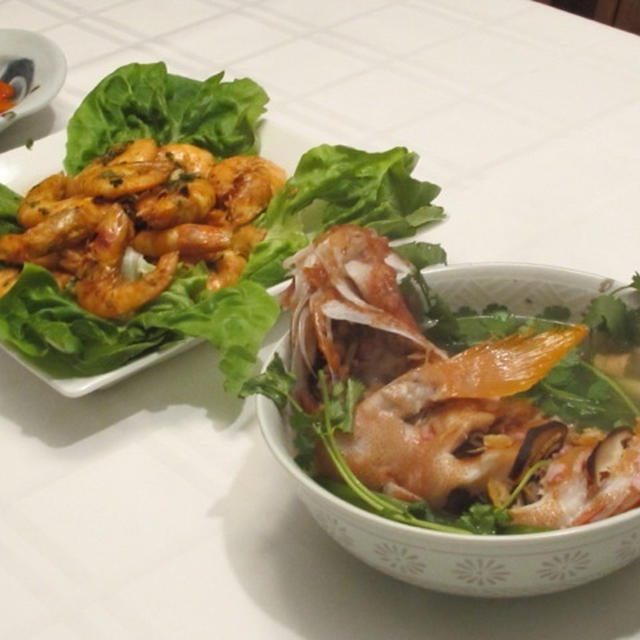 清蒸鮮魚＆有頭海老のから揚げ＆野菜料理二品