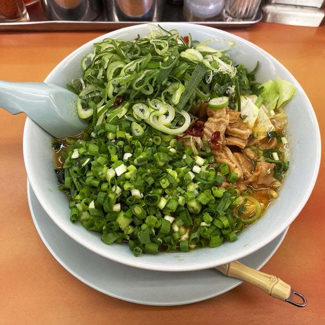 もつ味噌ラーメンを味濃いめ背脂変更多めで啜る 〜青ネギ・ほうれん草・薬味ネギ・山岡家〜