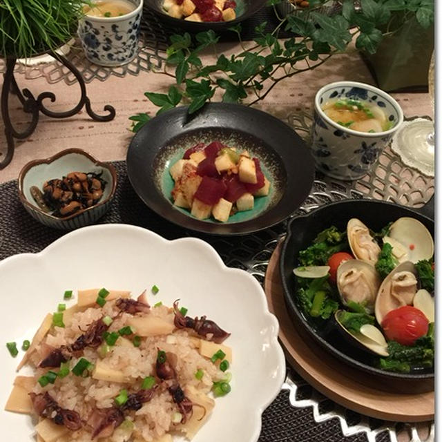 蛍烏賊と筍の炊き込みご飯＆はまぐりと菜の花のワイン蒸しで週末ごはん