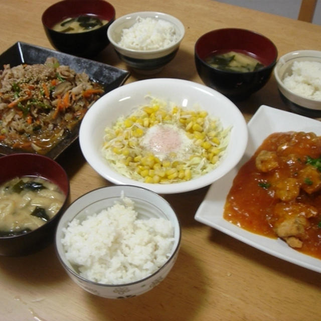 昨夜は鶏のチリソースと豚肉と春雨のチャプチェ風など