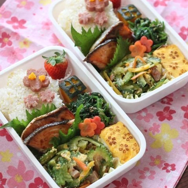 いちばん桜 ✿ 月曜鮭弁＆白いんげん豆とチキンのカレー(๑¯﹃¯๑)♪
