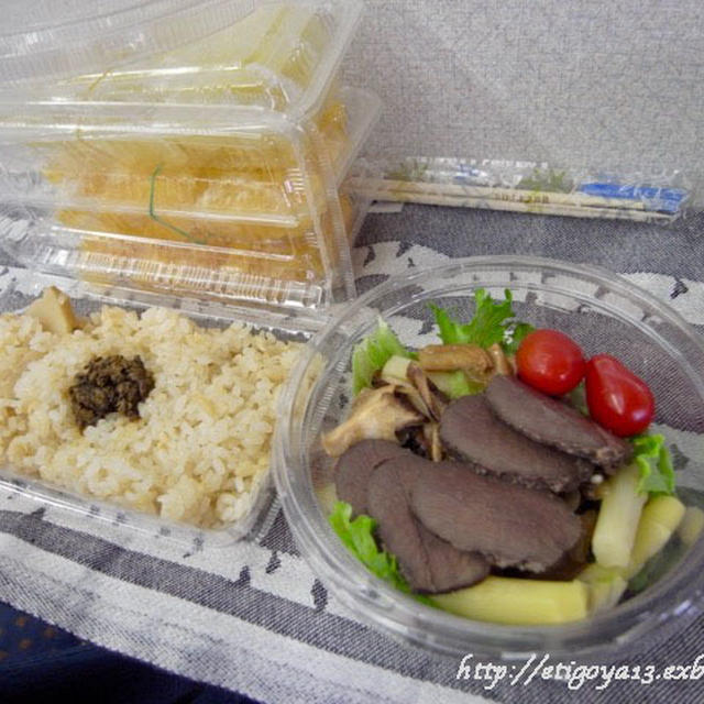 列車で弁当を楽しむ