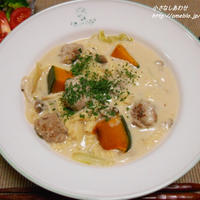 ミートボール入り☆豆乳ジンジャーシチューパスタ。