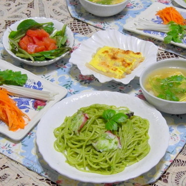 「春菊でスパゲッティージェノベーゼ」、「卵焼きの中華スープ」