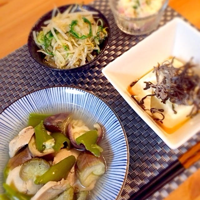 夜は鶏ハムとなすの柚子胡椒くったり煮と色々！