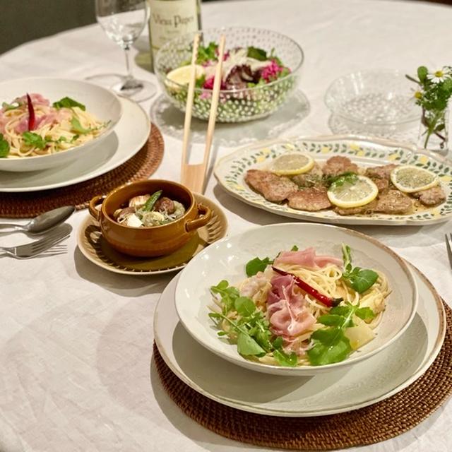 たけのこのペペロンチーノと豚ヒレのスカロッピーネの夜ごはん