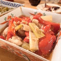 彩も美味しさ。鶏と赤ピーマンの煮物｜福島屋さんのハンバーグを夕食に堪能