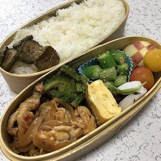 豚肉のスイチリ炒め弁当。空心菜と豚肉炒めと糠漬け