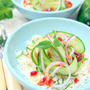 Cucumber Ribbons on Somen Noodles with Sweet Chili Dressingきゅうりリボン素麺サラダ、スイートチリドレッシング