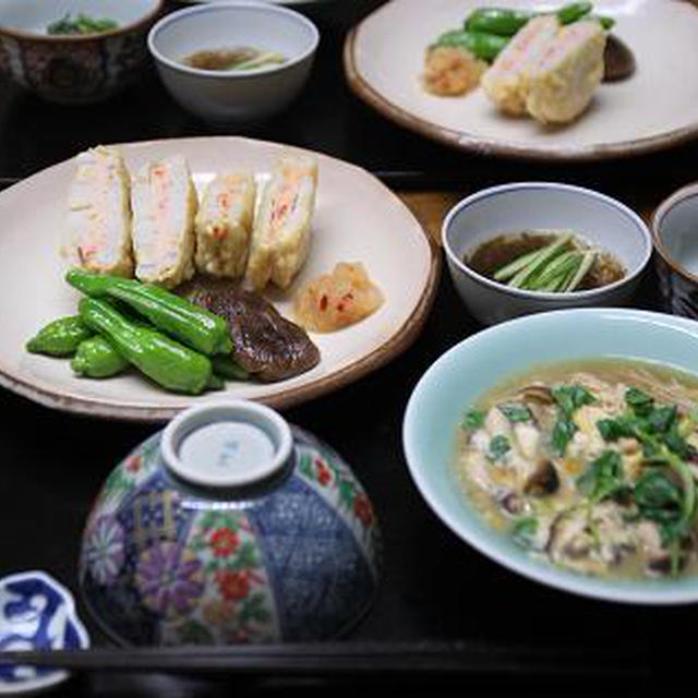 和風献立　れんこんのはさみ揚げ・きのこの卵とじ・ほうれん草の胡麻和え・もずくの酢の物