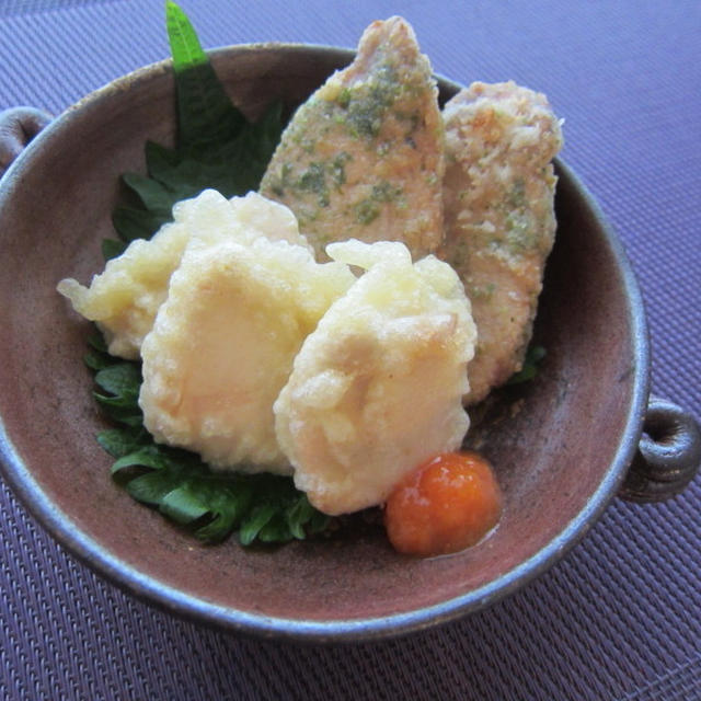 鮭の白子の天ぷら＆はんぺんのチーズフライ＆茶蕎麦