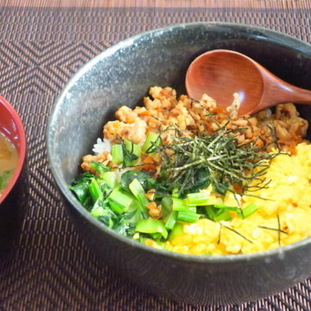 肉みそ三色丼　～豚汁と一緒に