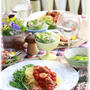 香ばしミートトマトソースパスタ。　と　献立。