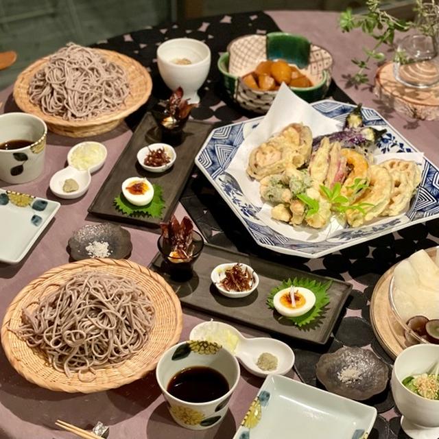 天ぷら蕎麦とツヤ照里芋とちょこちょこ盛りの夜ごはん