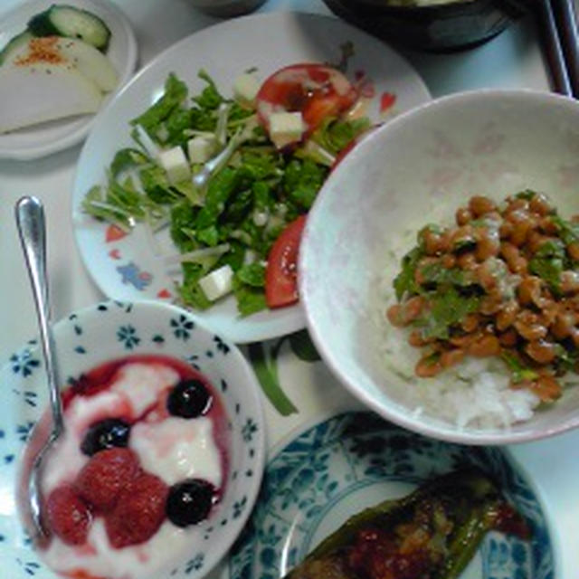 今朝の自分ご飯。紫蘇納豆美味しいよ♪