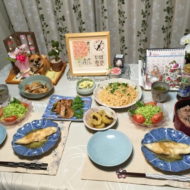 明太子スパゲティ&オカズ色々‥