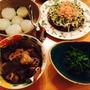 ふろふき大根、牛肉と里芋とれんこんの煮物、菜の花のおひたし、お好み焼き