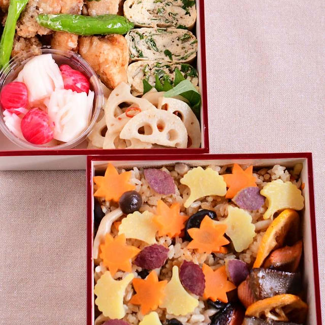 紅葉ピクニックのお弁当～吹き寄せご飯、竜田揚げ、鮭の幽庵焼きなど