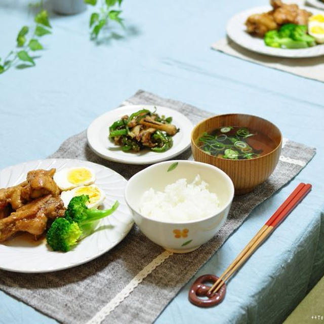 手羽元のピリ辛味噌煮と蓮根とピーマンの塩昆布きんぴら、それと昨日の帰り道。