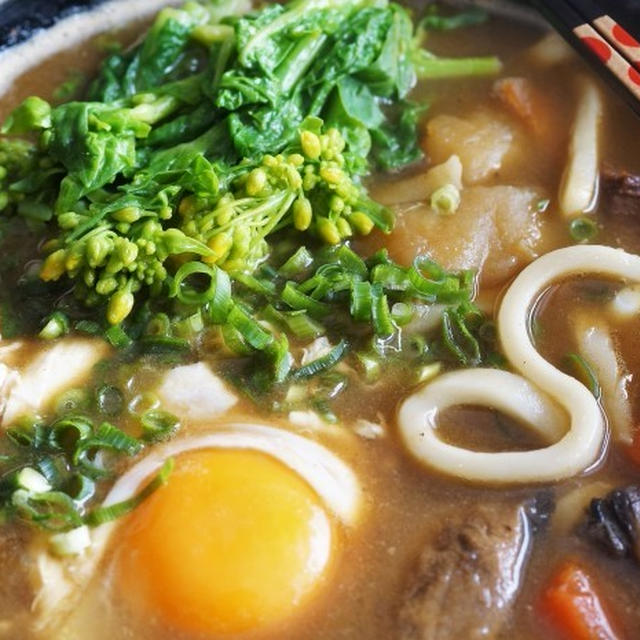 ■昼麺【菜の花と卵入りのカレーうどん】リメイク料理で10分です＾＾。