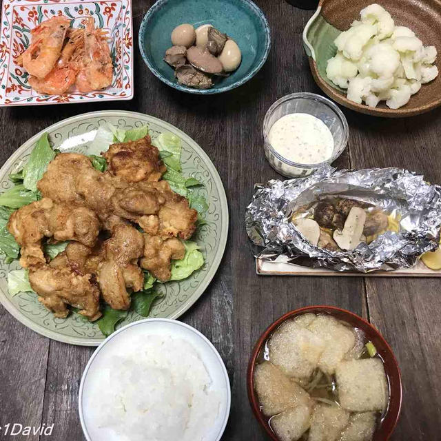 松茸ホイル蒸・鶏唐揚げ・甘海老唐揚・鶉卵白レバーソース煮・カリフラワー蒸・玉符吸物