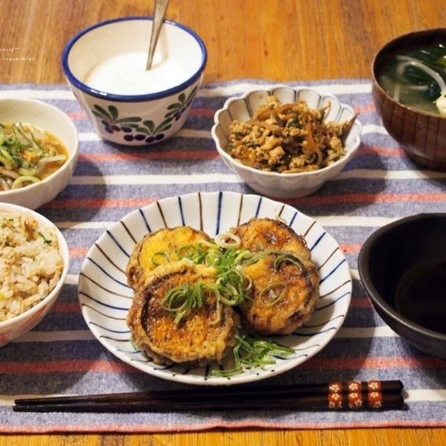 茄子 の 肉詰めフライ の 晩ご飯。