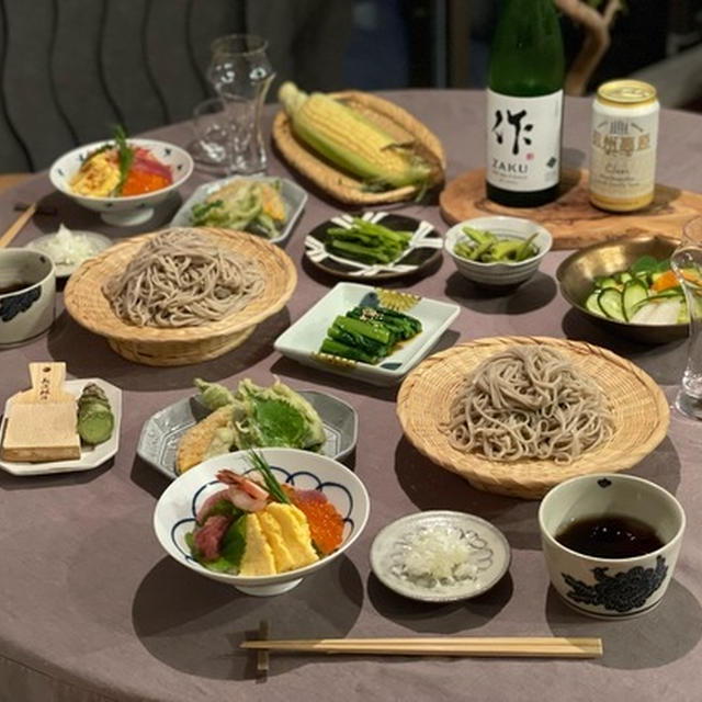 手巻きの残りでミニ海鮮丼&天ぷら蕎麦の夜ごはん
