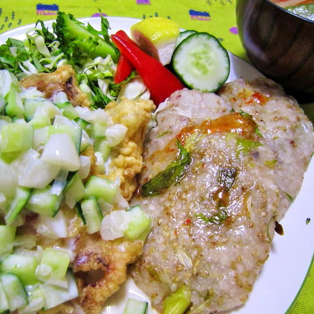 【ヘルシー満足】豆腐のフリッターさっぱりタルタルソースかけ／雑穀ごはんのちぢみ風