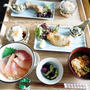 海の近くの定食屋さんに行ったみたいな献立。と 久々オソトゴハン。