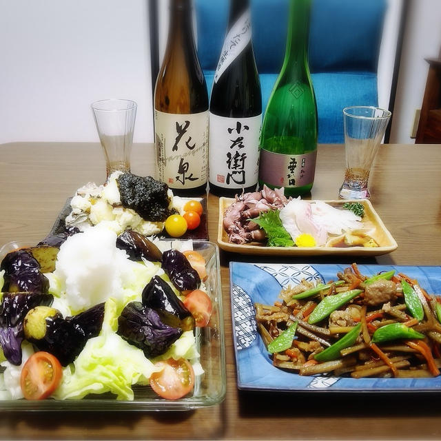 【家飲み】 きんぴらゴボウと 日本酒 * 小左衛門  大吟醸 しぼりたて生原酒 / 黒龍 垂れ口 純米吟醸 