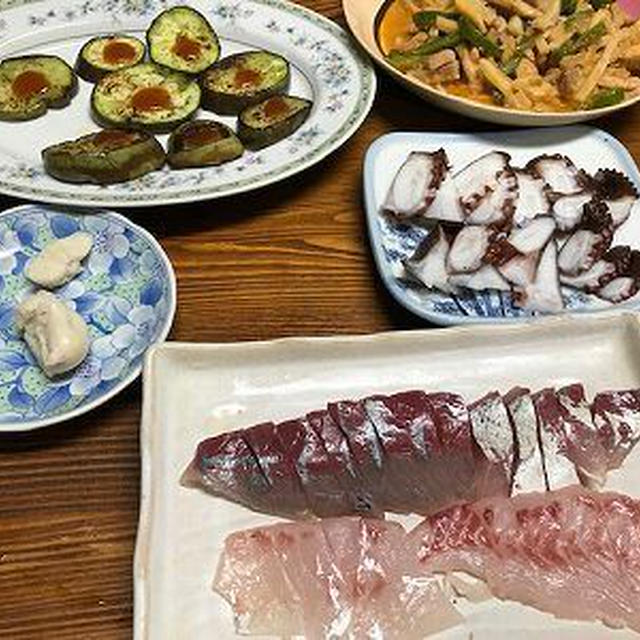 刺身３種と焼き茄子、チンジャオロース