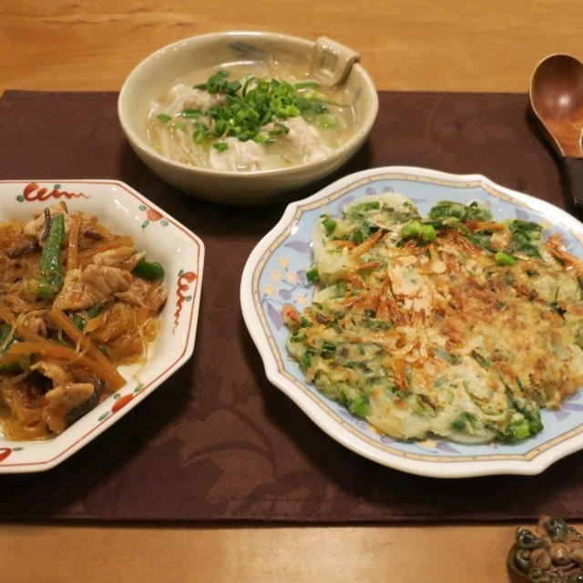 ねぎとサクラ海老のチヂミの晩ご飯　と　ライラックの花♪