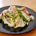 「福島県産スナップえんどうとアスパラガス」で春野菜と豚肉のごま味噌炒め