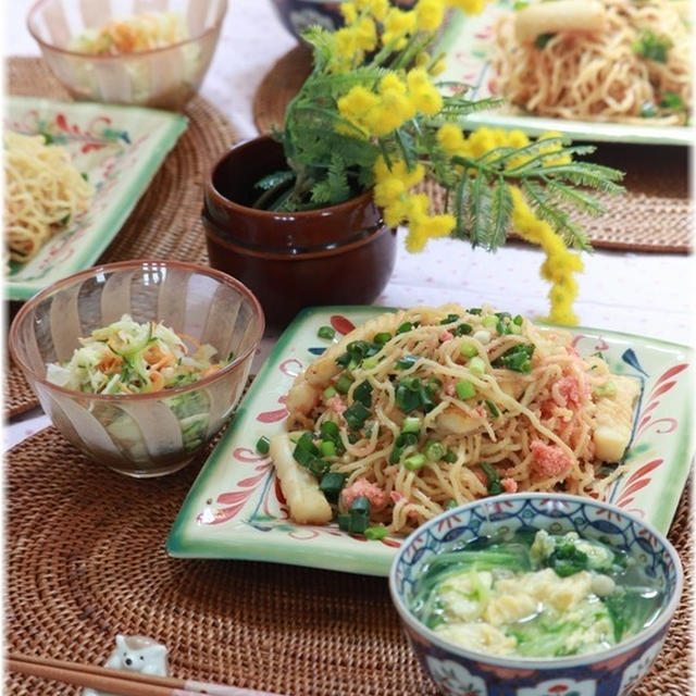  【レシピ】いか　と　たらこ　の　しょうゆ焼きそば。と　献立。と　夏みかん仕事。