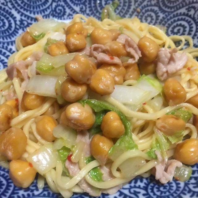 ひよこ豆と白菜と豚肉のペペロンチーノ