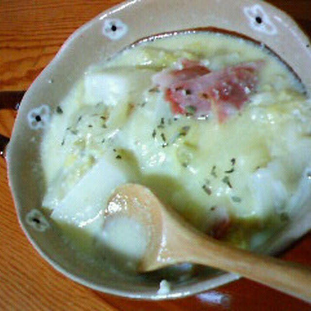 スキムミルク煮をリメイクして「カルボナーラ風　お雑煮」♪♪♪