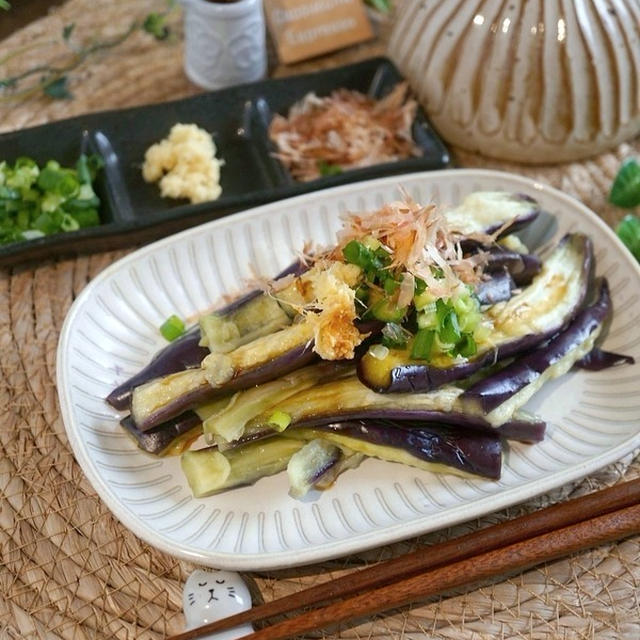 丸ごと茄子をレンジで2分♪ジューシー茄子の薬味和え&値下げ品の甘いもんたち♪