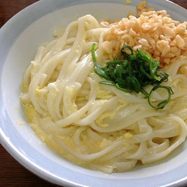 朝は乾麺で「釜玉うどん」