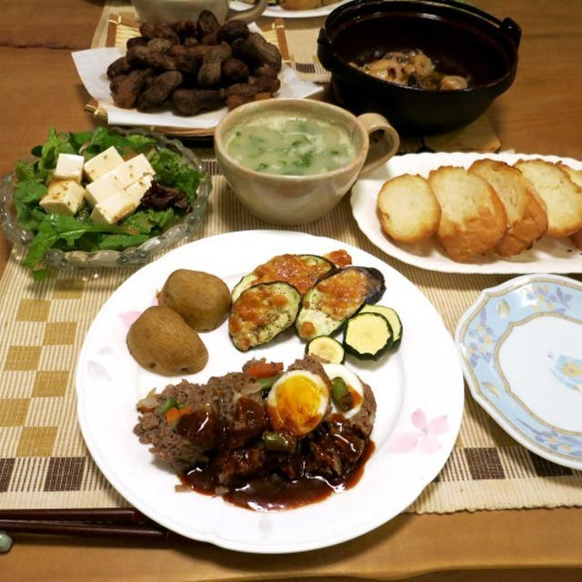 ミートローフ＆小海老のアヒージョ＆茹で落花生の晩ご飯