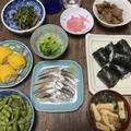 鯖燻製汐雲丹御結び梅干し御結び・蒟蒻鰹節・空芯菜御浸し小松菜御浸し・山形産枝豆・玉蜀黍・揚和布味