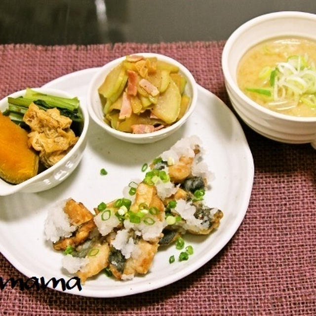 サバの竜田揚げおろしポン酢和え / チャーテのニンニクレモン醤油炒め